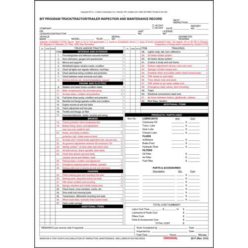 BIT Program Truck Tractor-Trailer Inspection and Maintenance Record