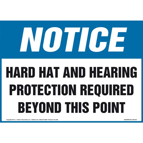 Notice, Hard Hat and Hearing Protection Required Beyond This Point Sign
