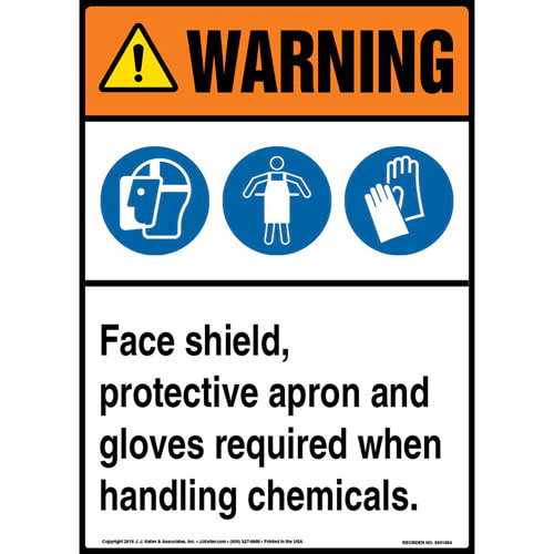 Warning, Face Shield, Protective Apron, Gloves Required When Handling Chemicals Sign with Icons