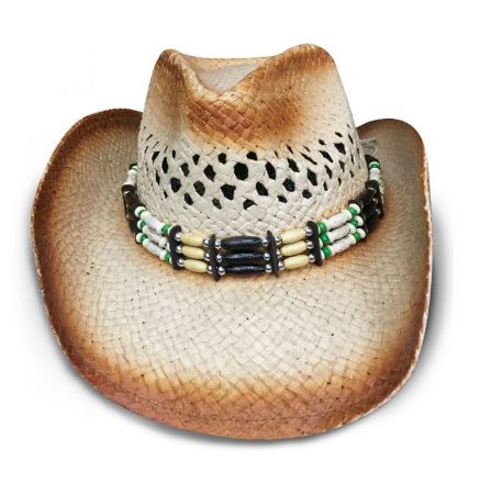 Western Straw Hat with Green Beads