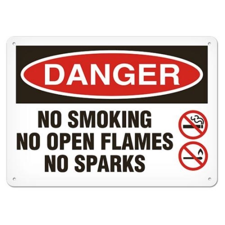 OSHA Safety Sign, Danger No Smoking No Open Flames No Sparks