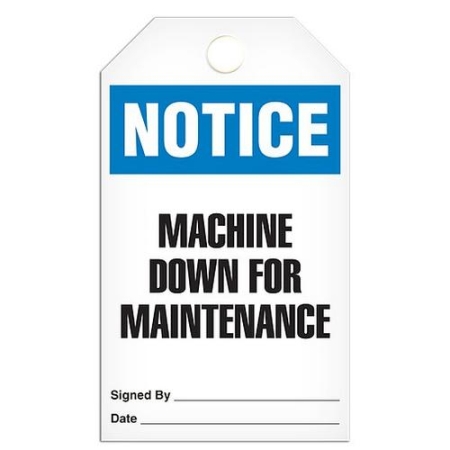 Safety Tag, Notice Machine Down For Maintenance