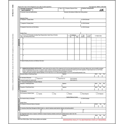 Uniform Hazardous Waste Manifest, Pin Feed Continuous Format