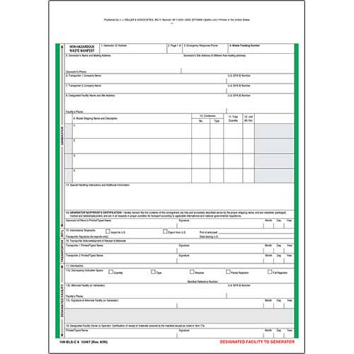 Non-Hazardous Waste Manifest, Snap-Out Format, 6 Ply