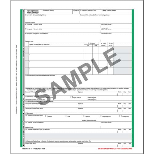 Non-Hazardous Waste Manifest, Pin Feed Format, 6 Ply