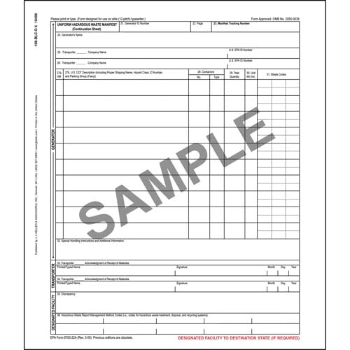 Uniform Hazardous Waste Manifest Continuation Sheet, Pin Feed Continuous Format