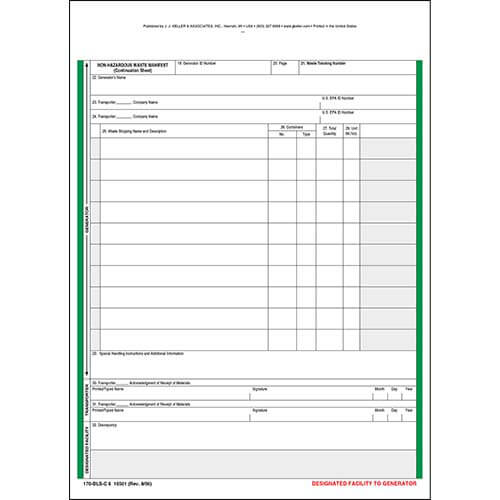 Non-Hazardous Waste Manifest Continuation Sheet, Snap Out Format, 6-Ply