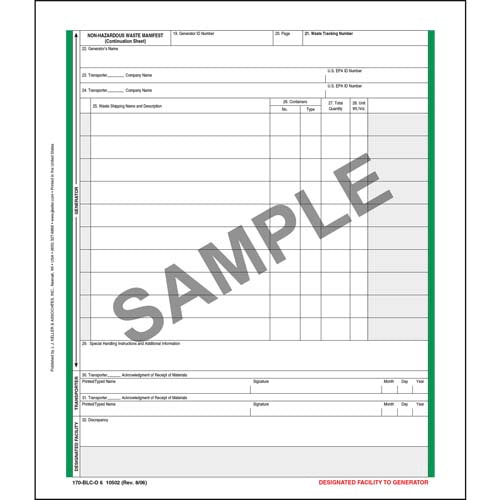 Non-Hazardous Waste Manifest, Continuation Sheet, Pin-Feed, 6-Ply