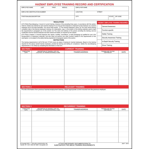 Hazmat Employee Training Record and Certification Form