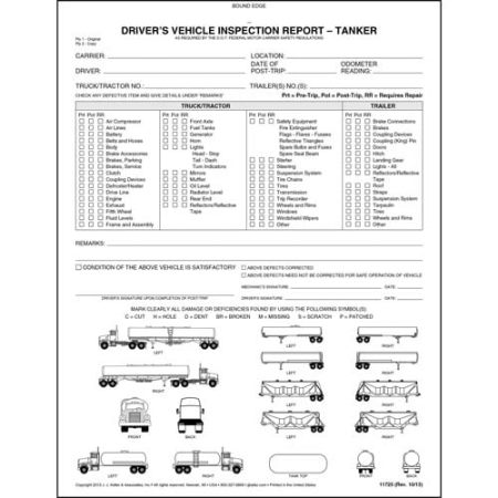 Detailed Driver's Vehicle Inspection Report, Illustrations, for Tankers