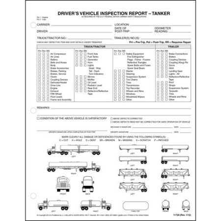 Detailed Driver's Vehicle Inspection Report, Illustrations, for Tankers, Snap-Out