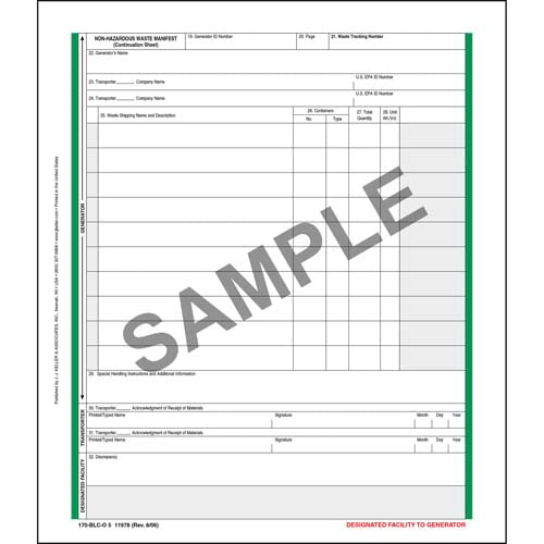 Non-Hazardous Waste Manifest Continuation Sheet, Pin Feed Format, 5-Ply