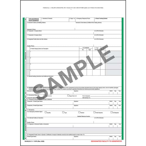 Non-Hazardous Waste Manifest, Snap-Out Format, 5 Ply