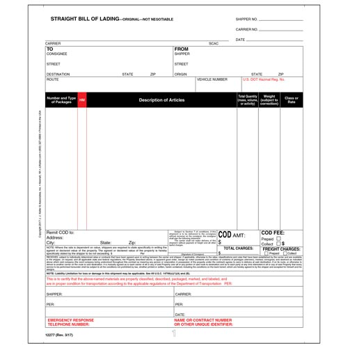 Straight Bill of Lading, Universal Form, Continuous, 4-Ply, Carbon