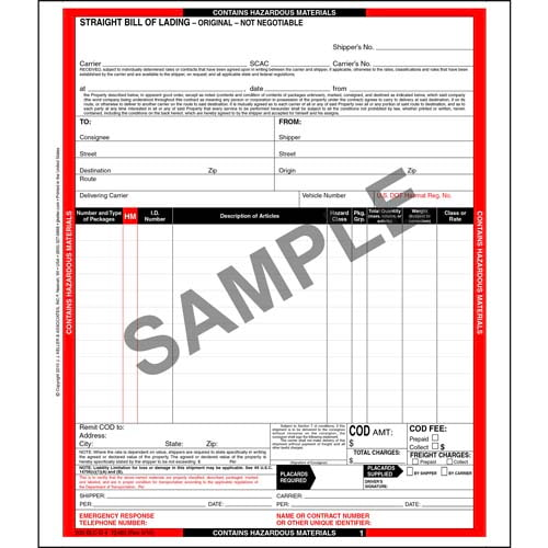 Hazardous Materials Straight Bill of Lading, 12 Entry Lines, Continuous, 4 Ply, Carbonless