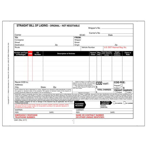 Straight Bill of Lading, Continuous, 3 Ply, Carbonless, 9-1/2" x 7"
