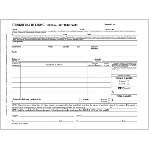 Straight Bill of Lading, Short Form, Continuous, 3 Ply, Carbonless, 9-1/2" x 7"
