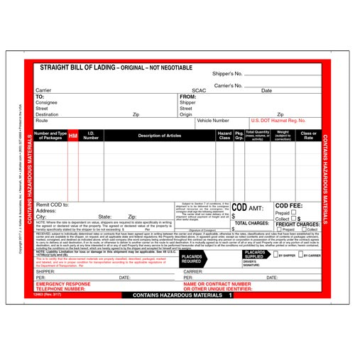 Hazardous Materials Straight Bill of Lading, 5 Entry Lines, Continuous, 4-Ply, Carbon