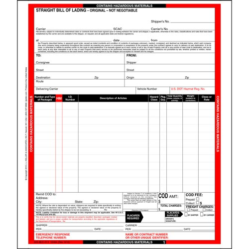 Hazardous Materials Straight Bill of Lading, 12 Entry Lines, Continuous, 3 Ply, Carbonless