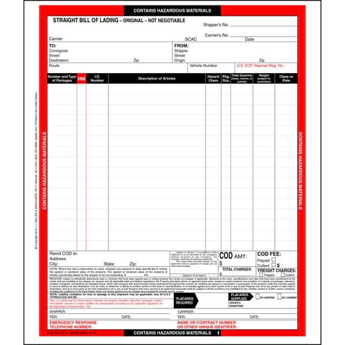 Hazardous Materials Straight Bill of Lading, 16 Entry Lines, Continuous, 3-Ply, Carbonless
