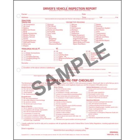 Detailed Driver's Vehicle Inspection Report, CSA Checklist, Snap-Out