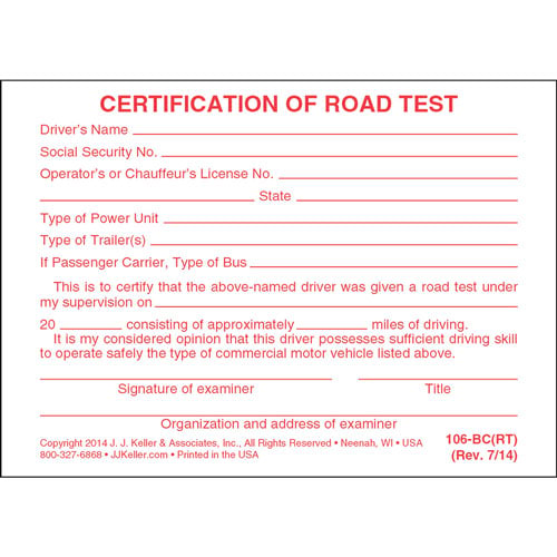Certification of Road Test Pocket Card