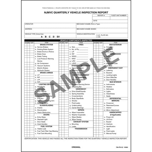 NJMVC Quarterly Vehicle Inspection Report, School Bus