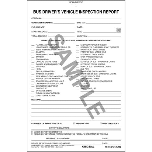 Bus Drivers Vehicle Inspection Report, 3 Ply, Carbonless, Personalized