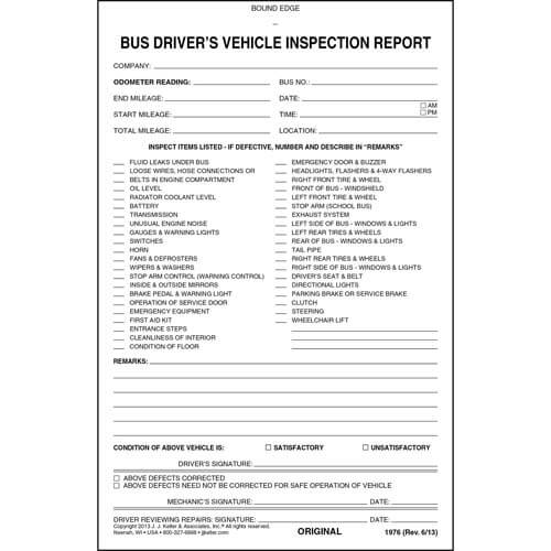 Bus Drivers Vehicle Inspection Report, 3-Part, Carbonless