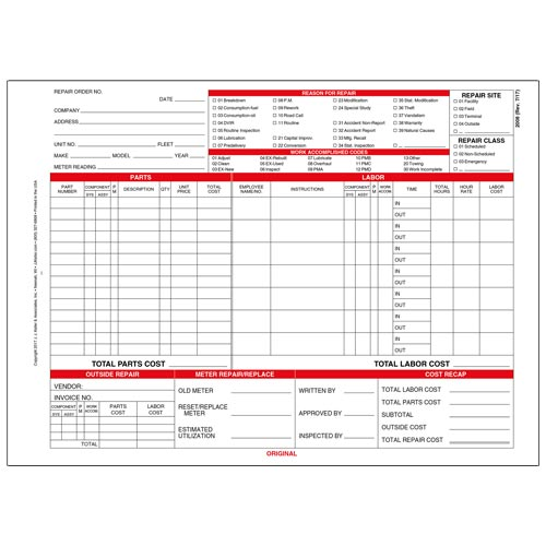 Garage Repair Order with Work and Assembly Codes