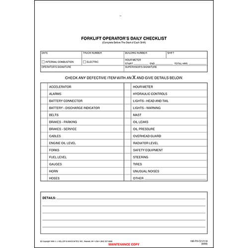 Forklift Operator Daily Checklist Vehicle Inspection Forms 2118