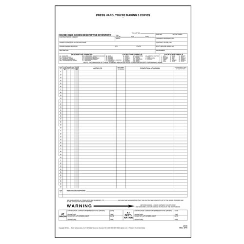 Household Goods Descriptive Inventory Form, Long Form
