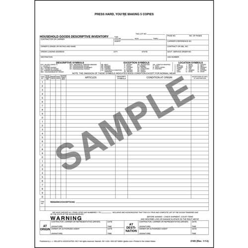 Household Goods Descriptive Inventory Form, Short Form