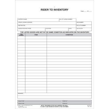 Household Goods Form, Rider to Inventory