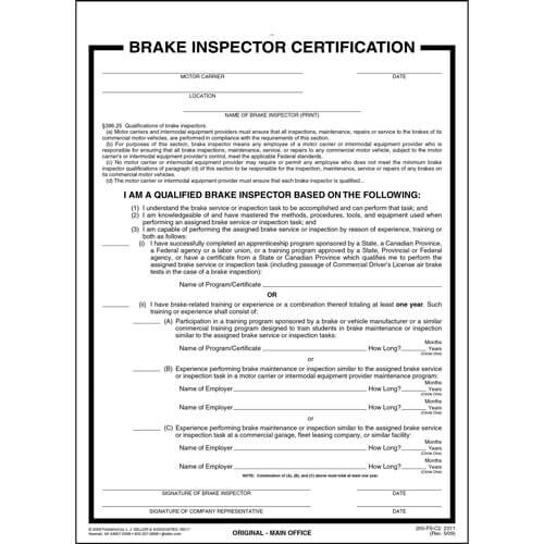 Brake Inspector Certification Form