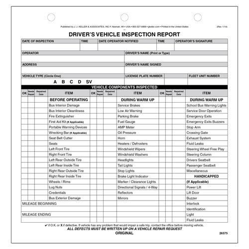 New Jersey Bus Driver Vehicle Inspection Report, Snap Out Format, Personalized