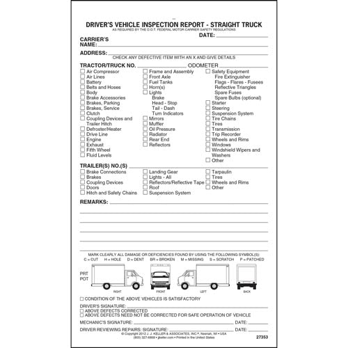 Detailed Drivers Vehicle Inspection Report Straight Truck, Snap-Out