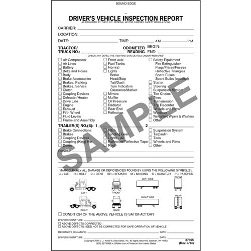Detailed Drivers Vehicle Inspection Report, Tractor-Trailer, Snap-Out