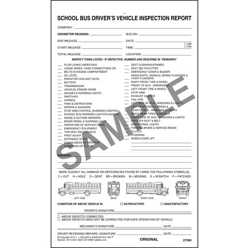 Detailed Drivers Vehicle Inspection Report, School Bus, Snap-Out