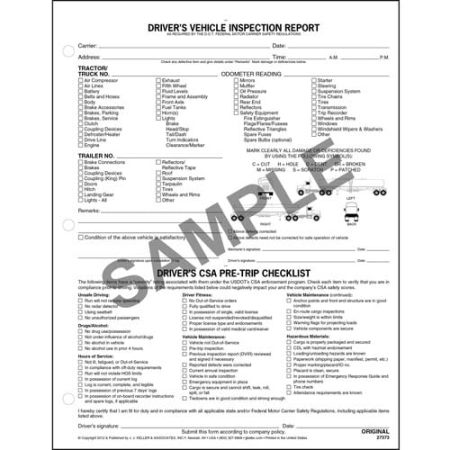 Detailed Driver's Vehicle Inspection Report, CSA Checklist, for Tankers, Snap-Out