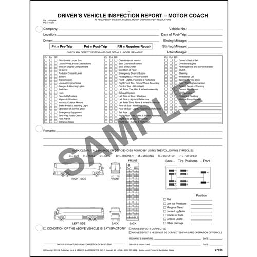 Detailed Drivers Vehicle Inspection Report, Motor Coach, Snap-Out