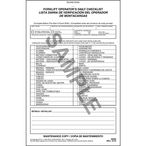 Forklift Operators Daily Checklist, Bilingual