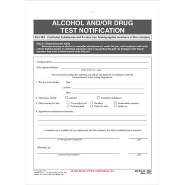 Alcohol and/or Drug Test Notification, Snap-Out Format