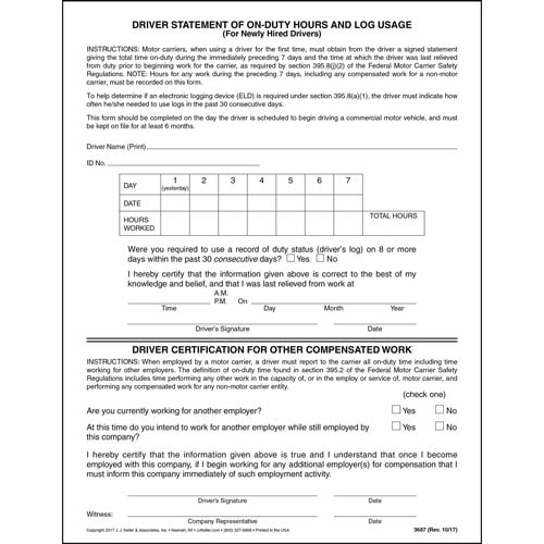 Drivers Statement of On Duty Hours, New Hire, Snap Out Format