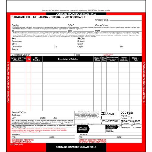 Hazardous Materials Straight Bill of Lading, Snap Out, 3 Ply, Carbon, 8-1/2" x 8-1/2"