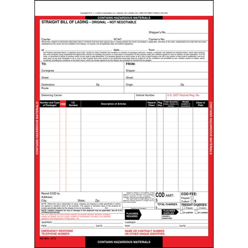 Hazardous Materials Straight Bill of Lading, Snap Out, 3-Ply, Carbon, 8-1/2" x 11"