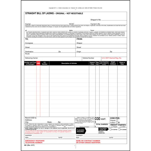 Straight Bill Of Lading, Snap Out, 4 Ply, Carbonless, 8-1/2" x 11"