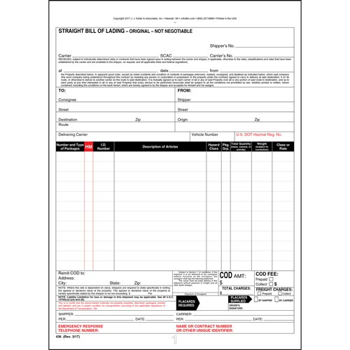 Straight Bill of Lading, Snap-Out, 4 Ply, Carbon