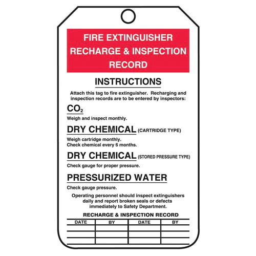 Fire Extinguisher Recharge, Inspection Record Safety Tag