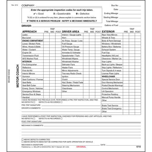 New York Motor Coach Drivers Vehicle Inspection Report, Small Book Format